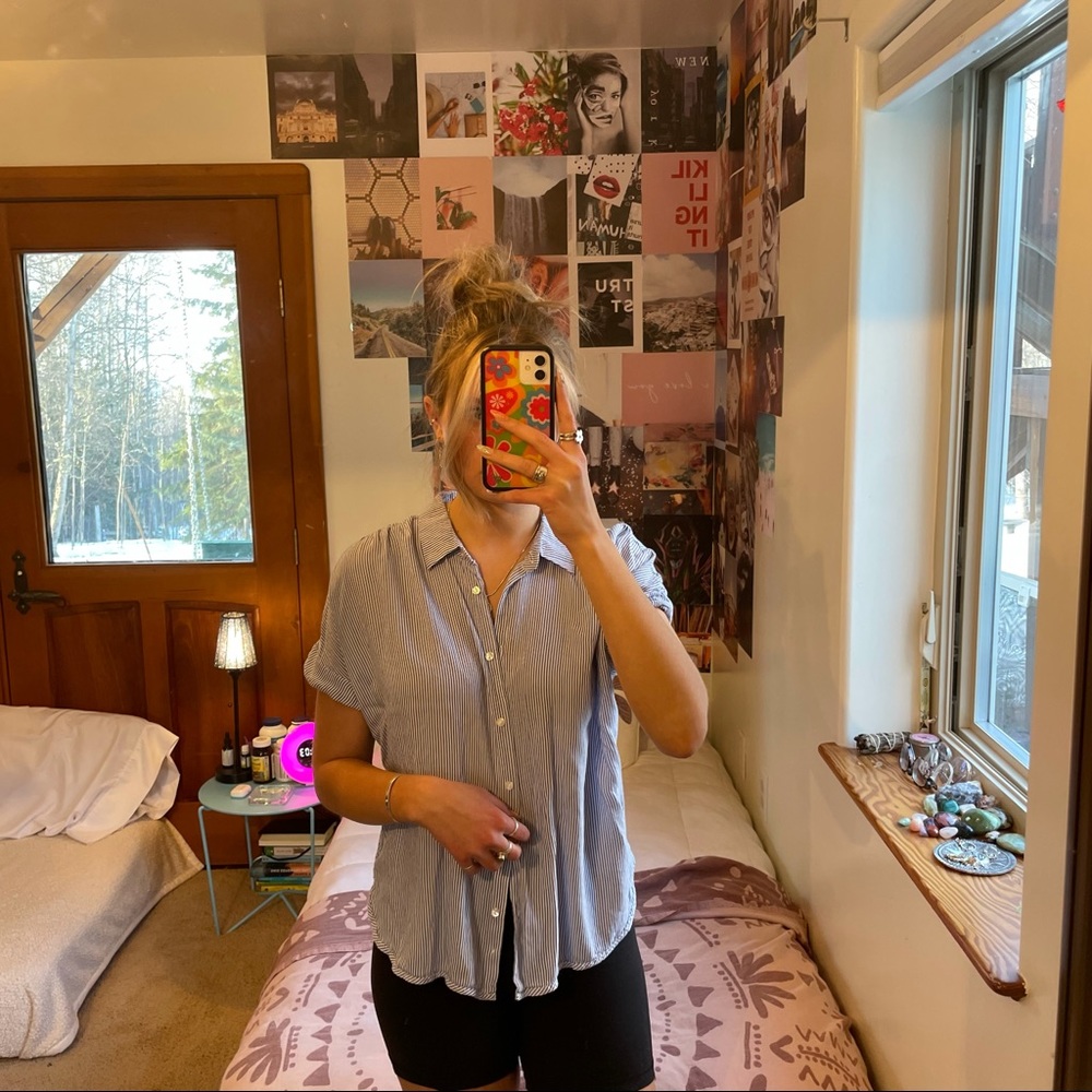 Simply Styled blue/white striped button up short sleeve